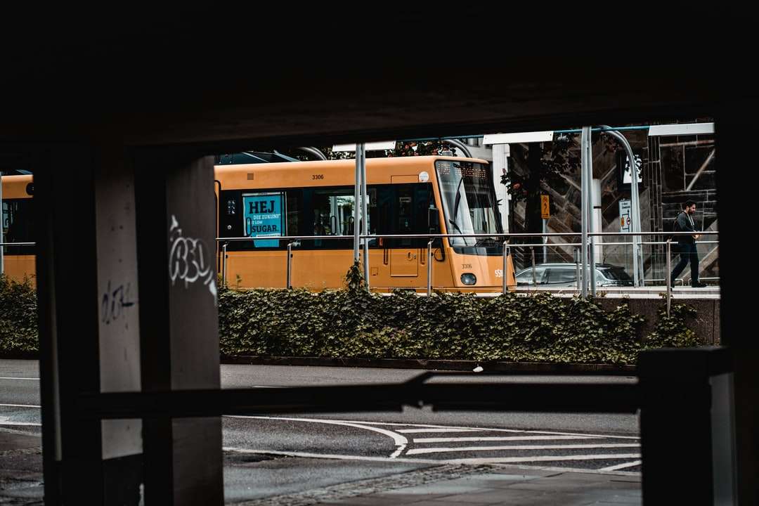 昼間の道路上のオレンジと白のバス ジグソーパズルオンライン