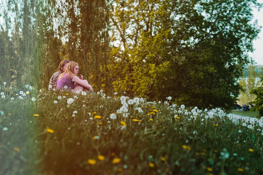 Menina no vestido rosa sentado no campo de flores brancas puzzle online
