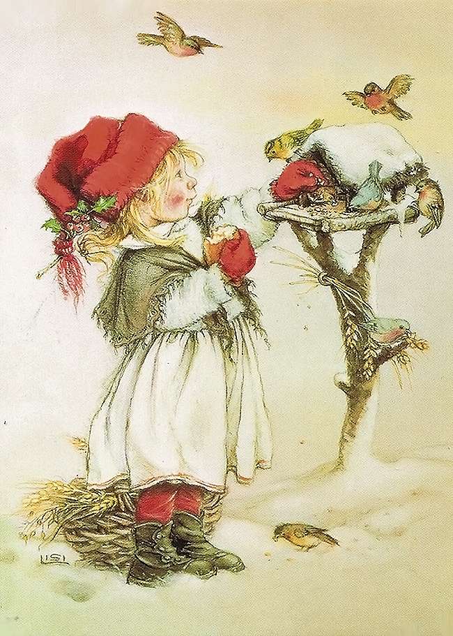 Winter kleines Mädchen mit Vögeln Quellnetz Online-Puzzle