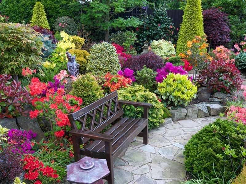 Blommig trädgård med en bänk Pussel online