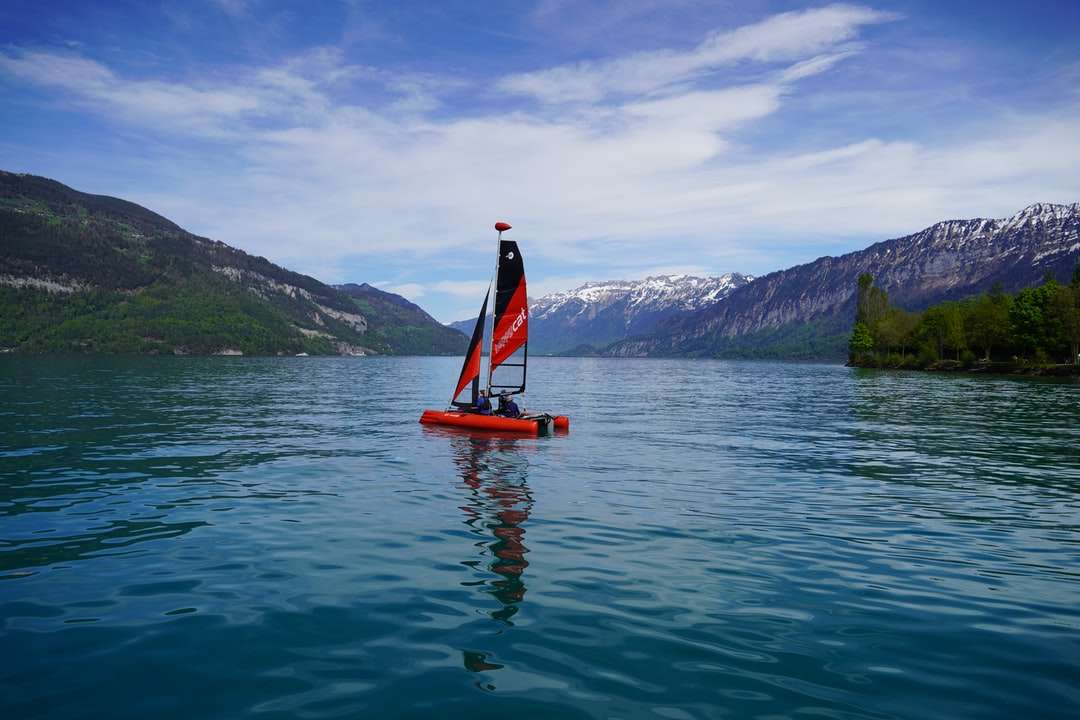 Person im roten und schwarzen Segelboot auf Körper des Wassers Puzzlespiel online