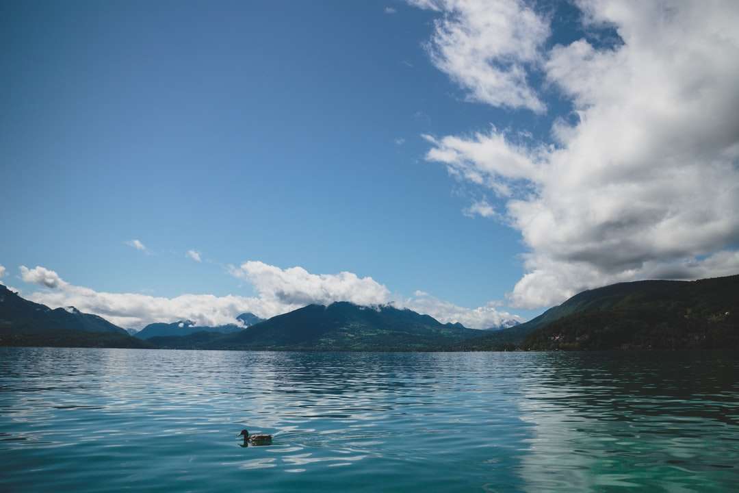 Osoba v lodi na moři poblíž hory pod modrou oblohou online puzzle