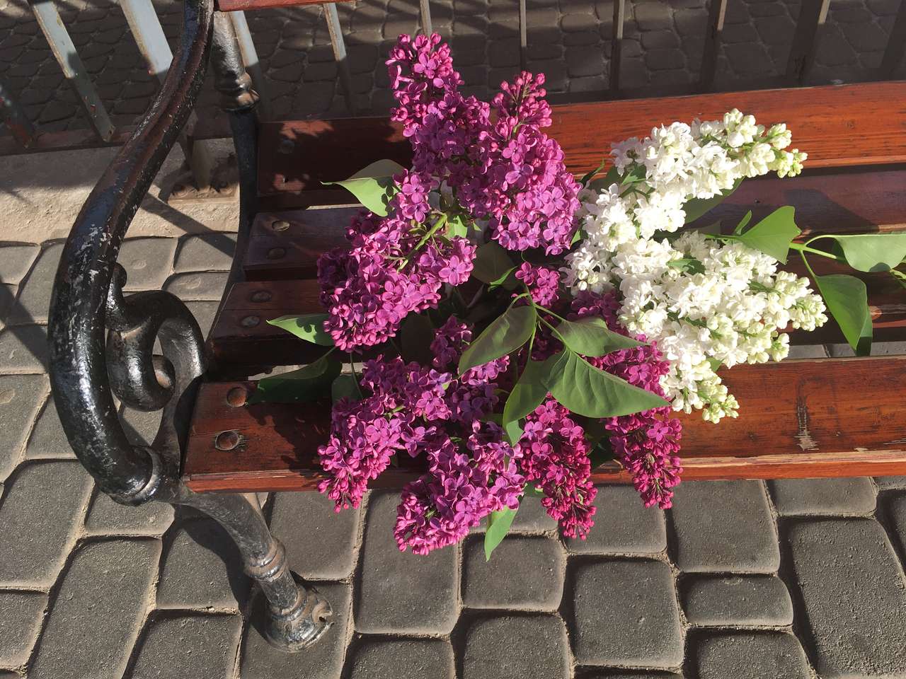 Bouquet di lillà su una panchina puzzle online