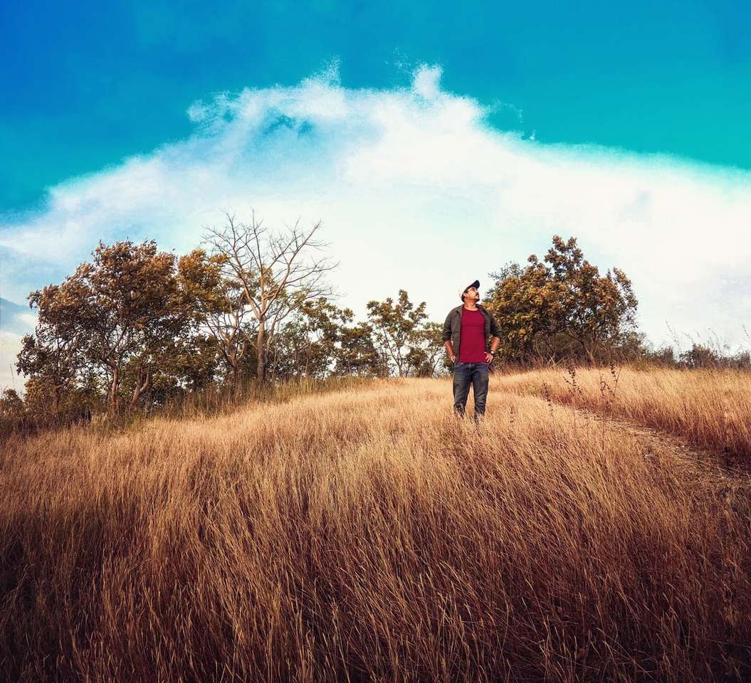 茶色の芝生のフィールドに立っている赤いジャケットの男 ジグソーパズルオンライン