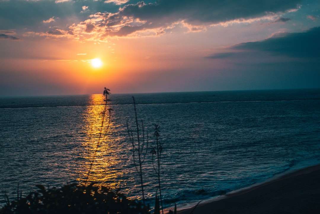Silhouette von 2 Personen, die auf Strand während des Sonnenuntergangs stehen Puzzlespiel online