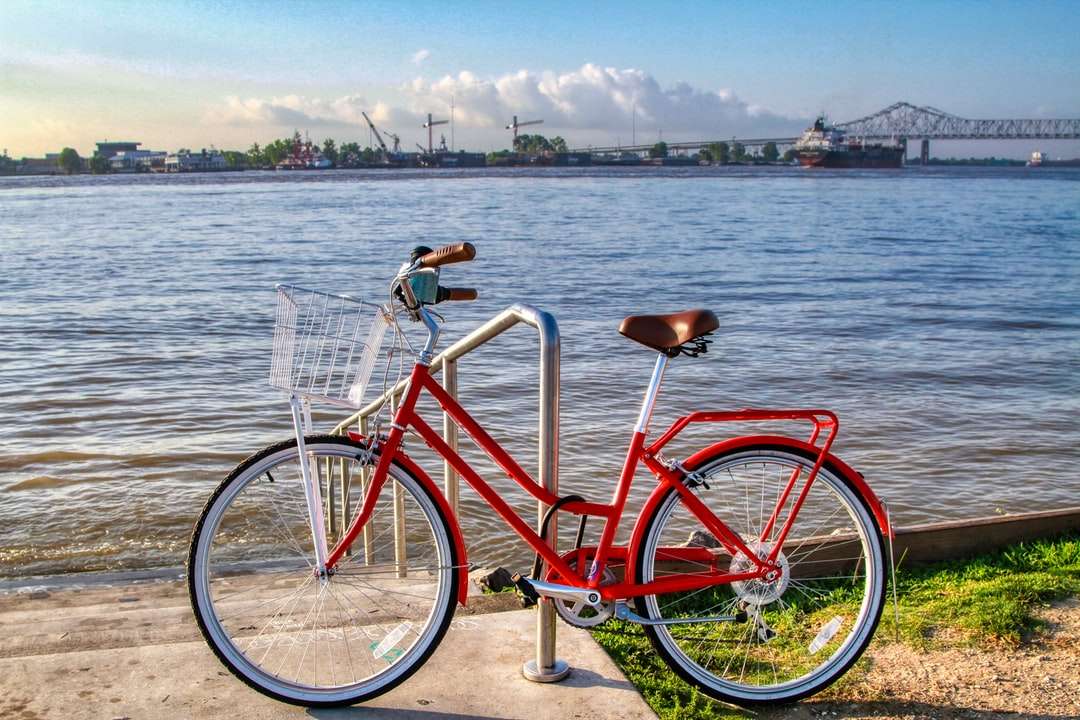 Bicicleta de cidade vermelha perto do corpo da água durante o dia quebra-cabeças online