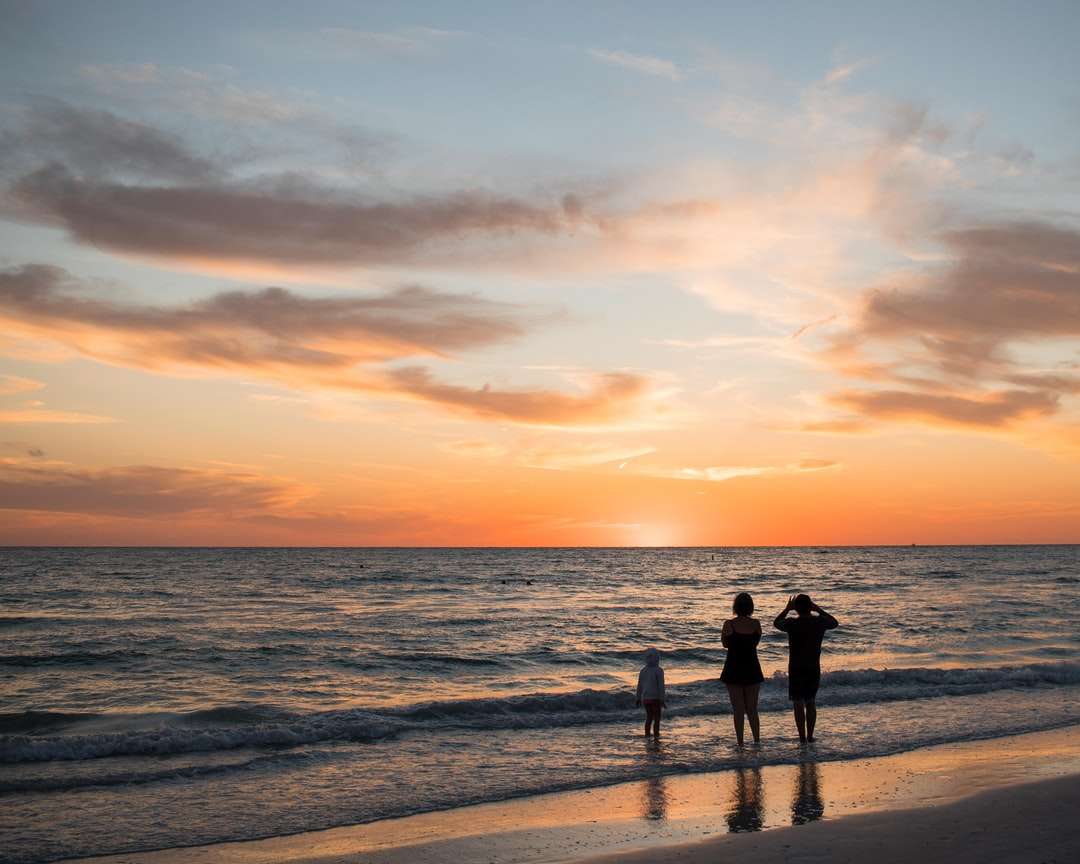 Silhuett av människor på stranden under solnedgången Pussel online