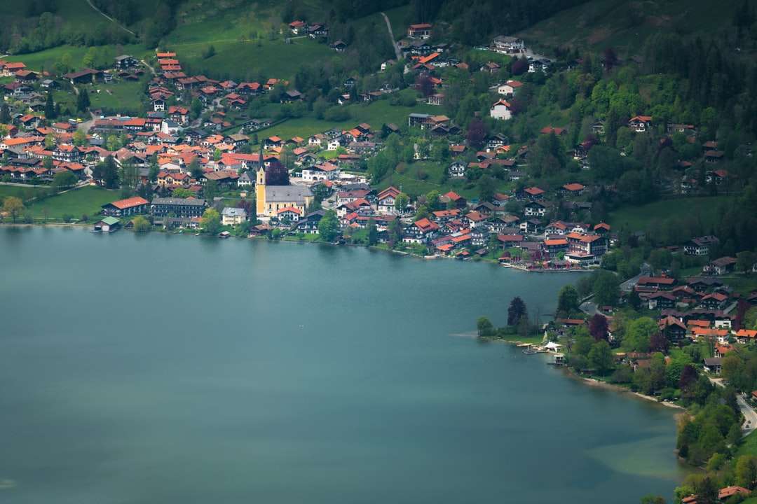 Vedere aeriană a orașului lângă corpul apei în timpul zilei puzzle online