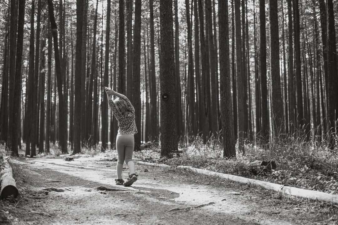 foto en escala de grises de una mujer vestida caminando por un sendero rompecabezas en línea