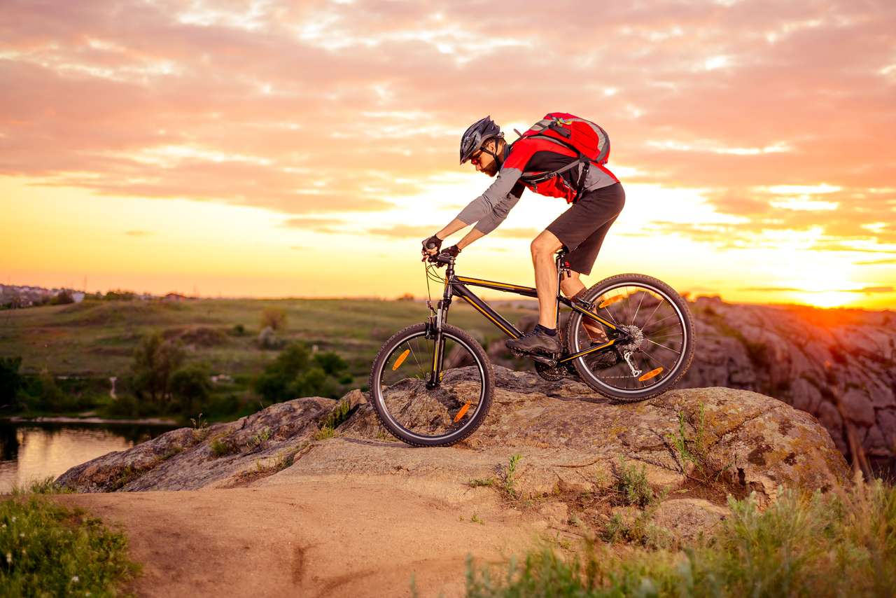 Rider en bicicleta de montaña montando cuesta abajo rompecabezas en línea