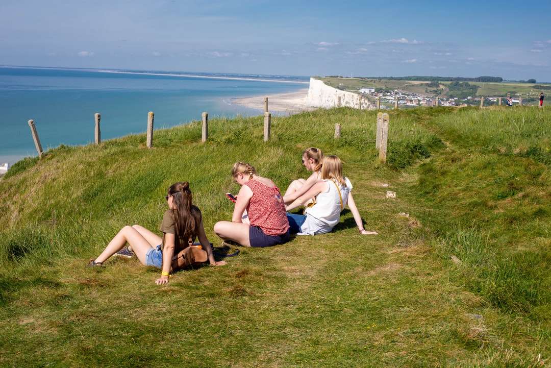 3 donne che si siedono sul campo di erba verde vicino al corpo dell'acqua puzzle online