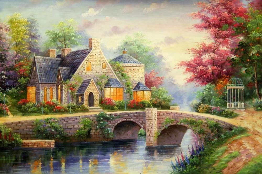Huis bij de rivier met een brug legpuzzel online