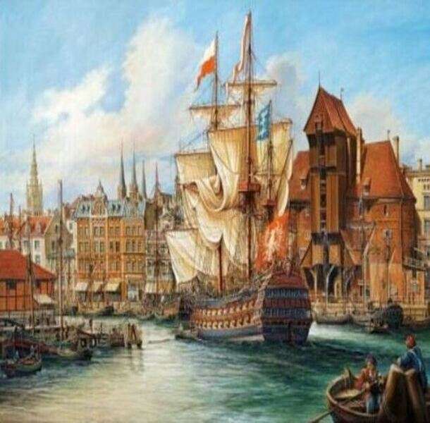 Gdansk hamn i Polen (gammal gravyr) pussel på nätet