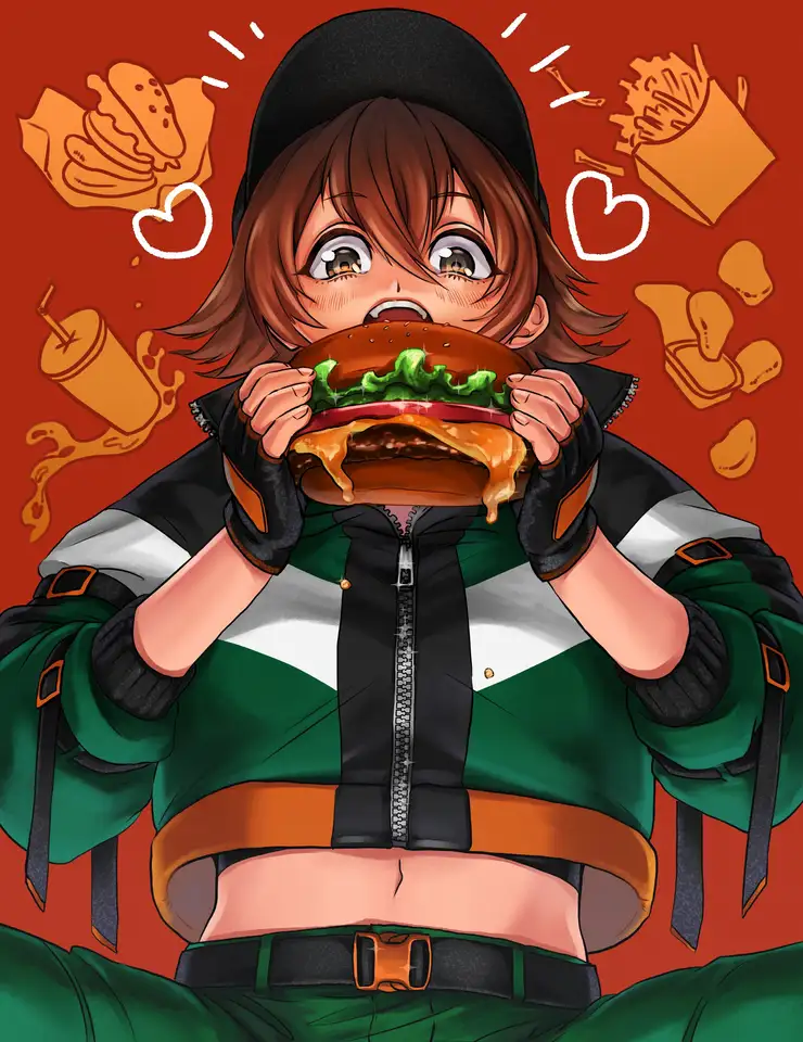 Personaje de anime comiendo una hamburguesa - Puzzle Factory
