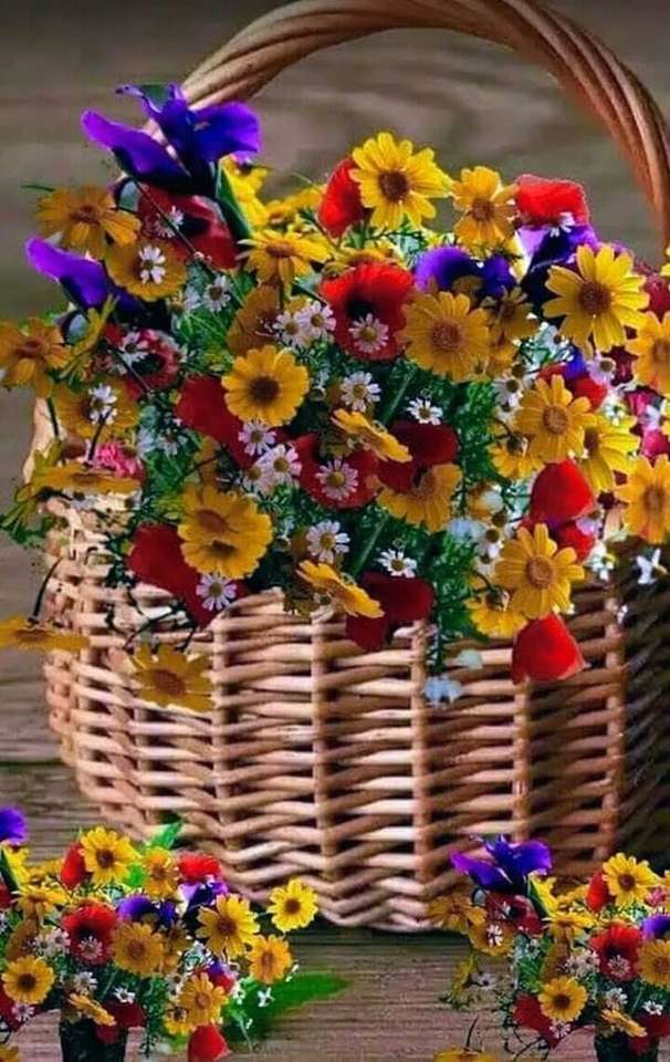 Flores de colores en una cesta rompecabezas en línea