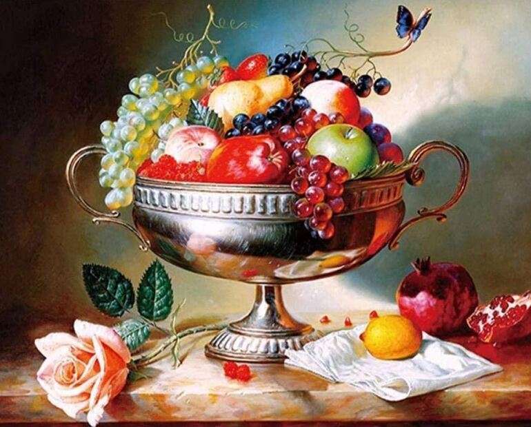 Натюрморт с фруктами и цветами пазл онлайн