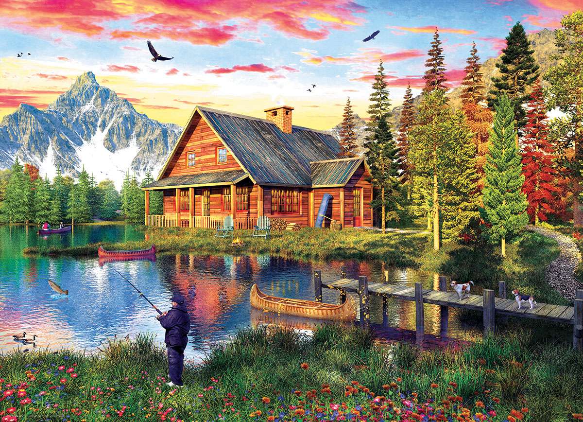 Une maison sur le lac dans les montagnes puzzle en ligne