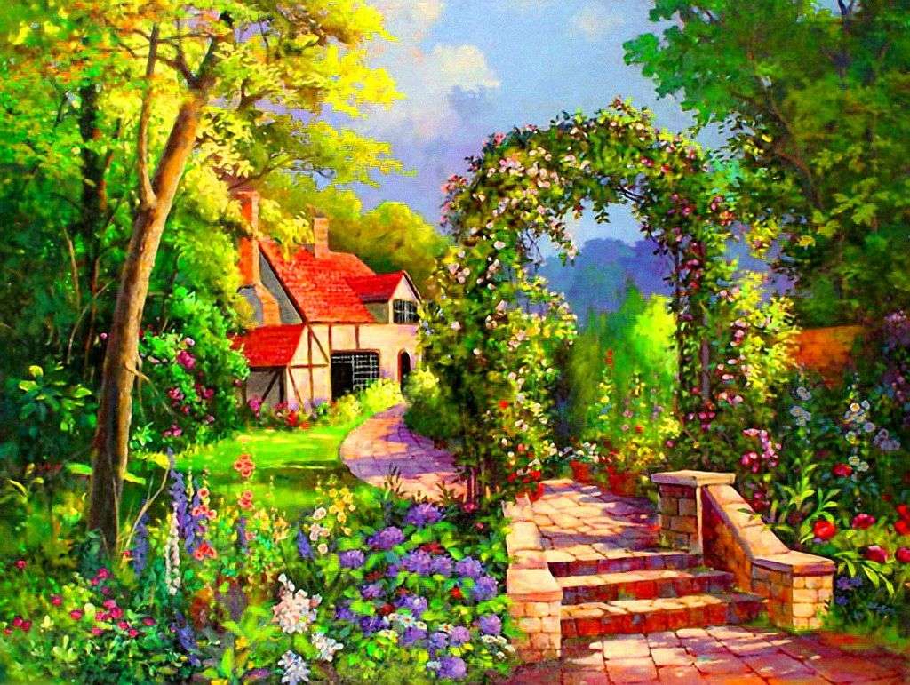 House among greenery and flowers jigsaw puzzle online