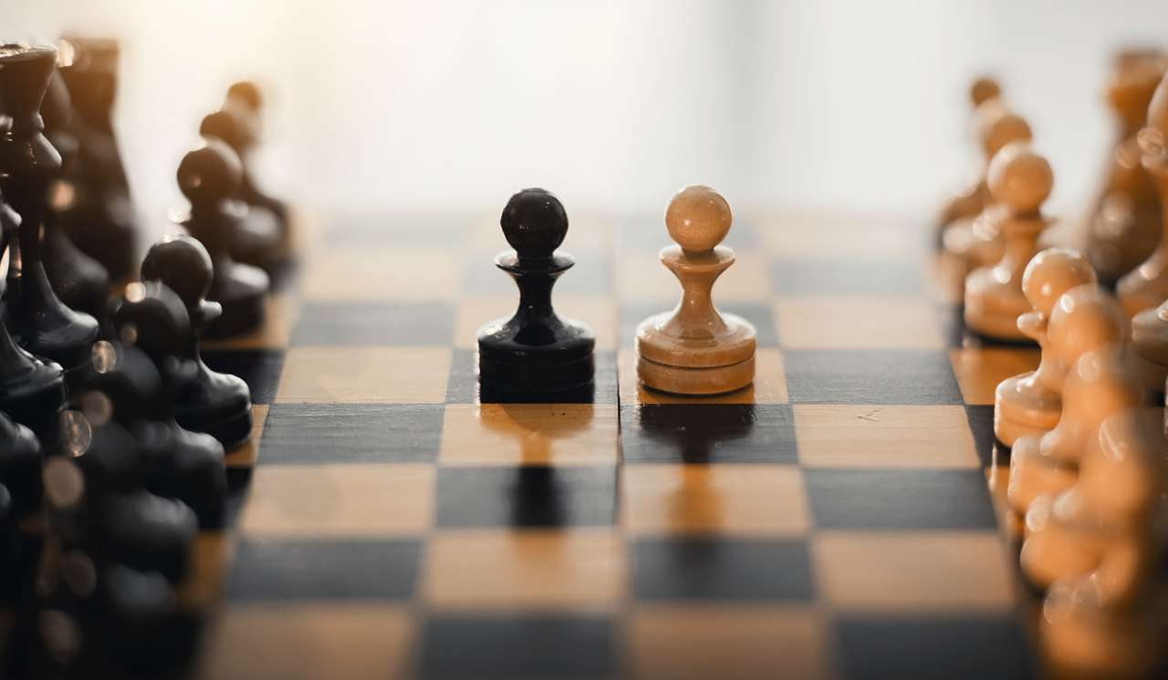 Две шахматни парчета са пешки: черно и бяло онлайн пъзел