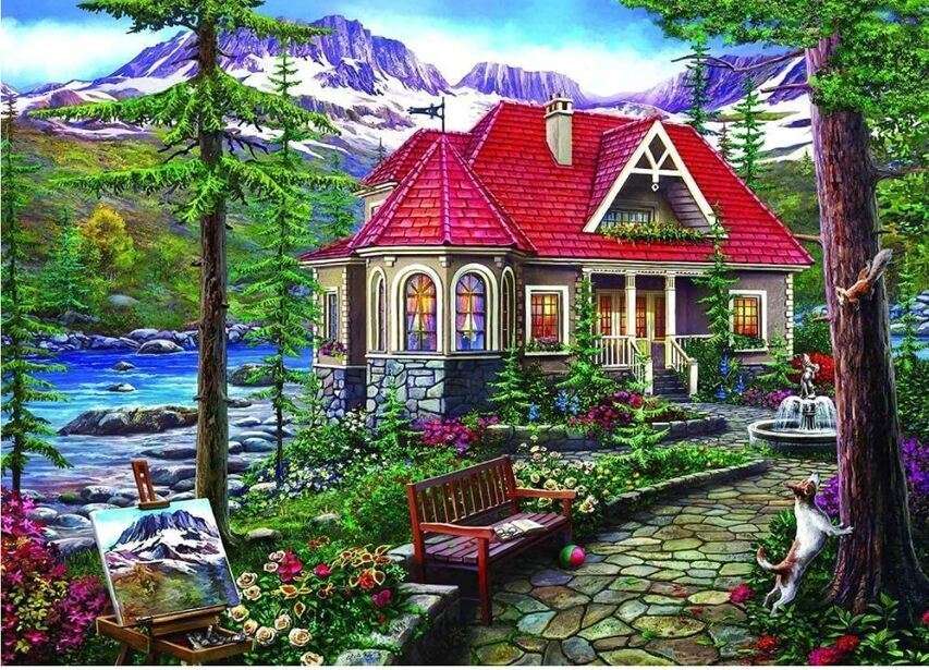 Red roof house in the mountains online puzzle