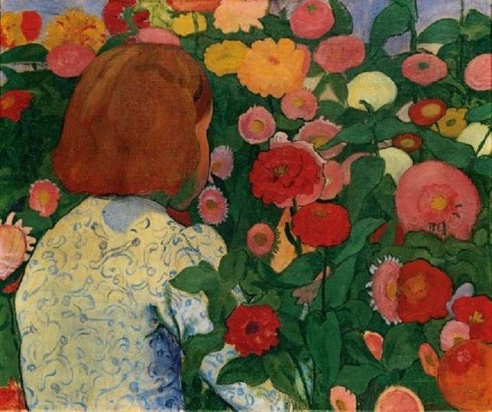 "Tjej med blommor" från Cuno Amiet 1896 Pussel online