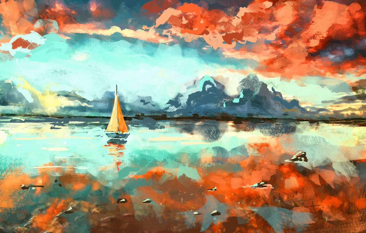 Barcă în ocean la apusul soarelui puzzle online