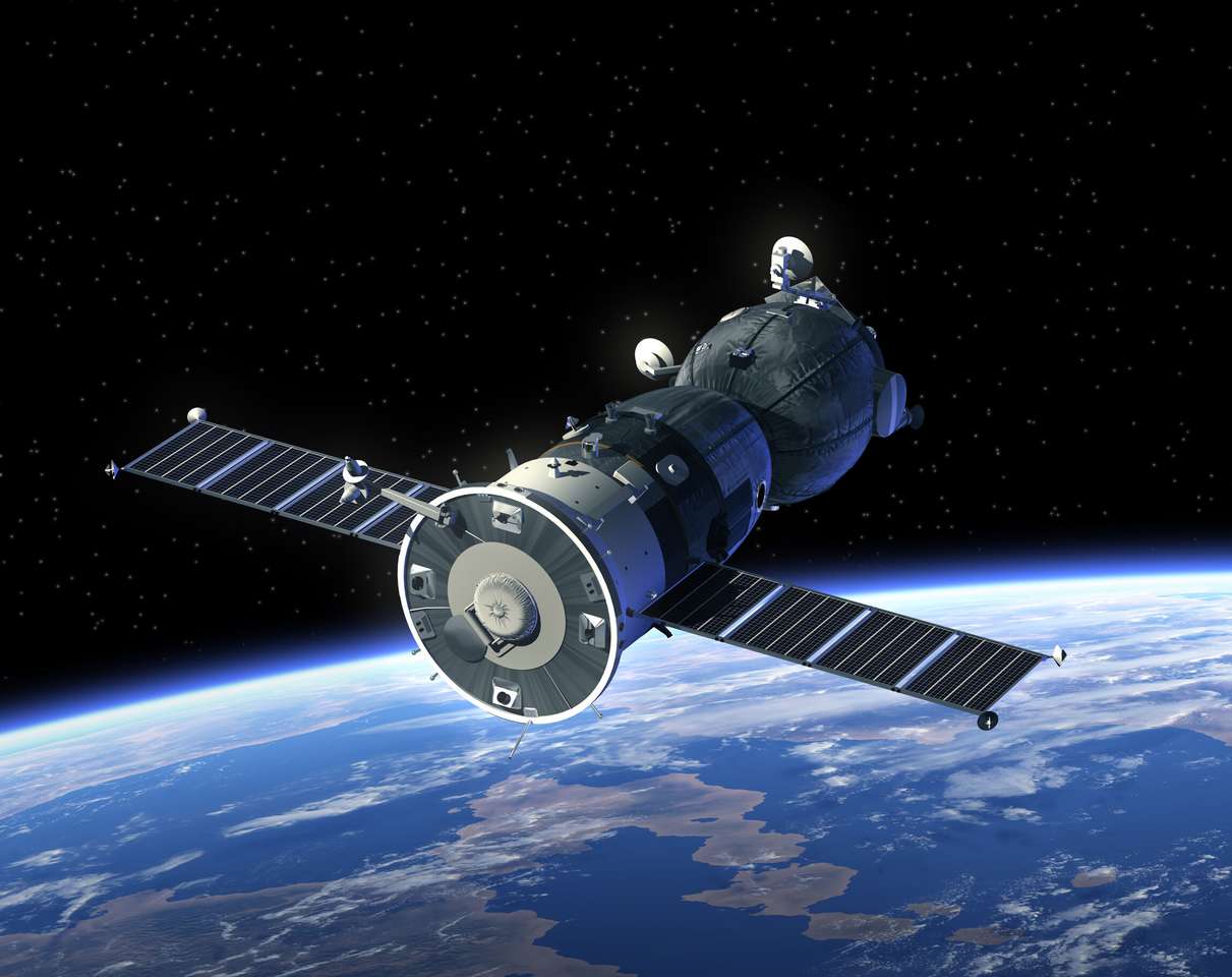 Rymdfarkoster Soyuz i rymden pussel på nätet