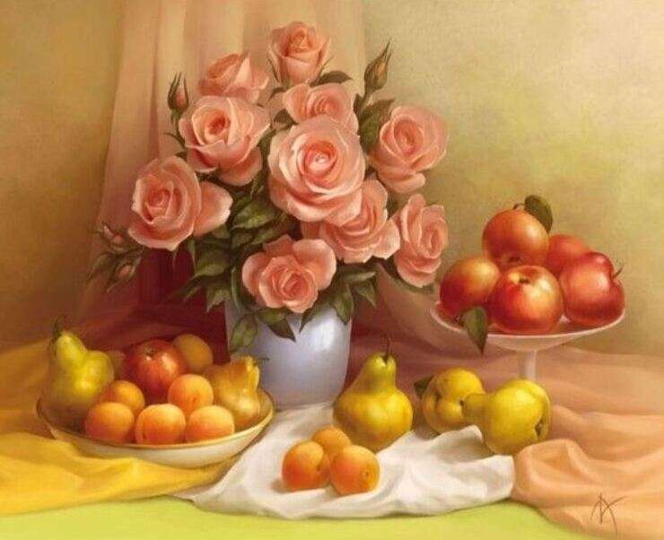 Цветы и фрукты (натюрморт) онлайн-пазл