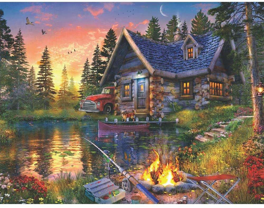 Una casa en el bosque en el lago. rompecabezas en línea