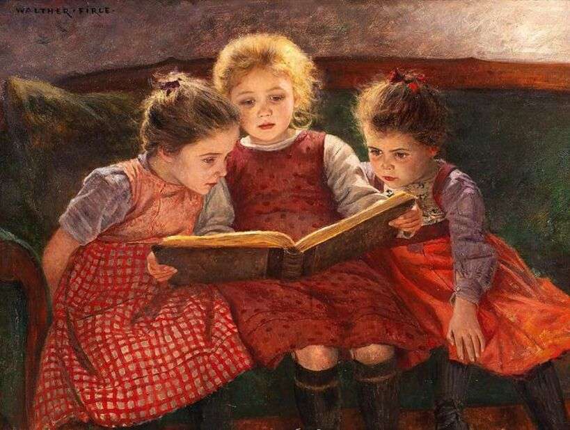 Trois petites filles passionnées par leur livre puzzle en ligne