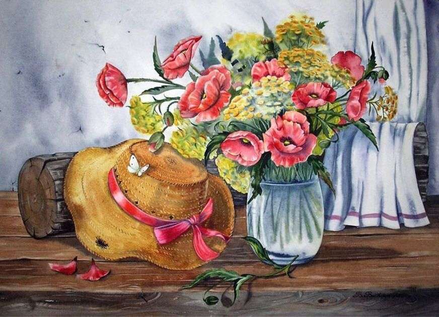 Still life (hat and flowers) online puzzle