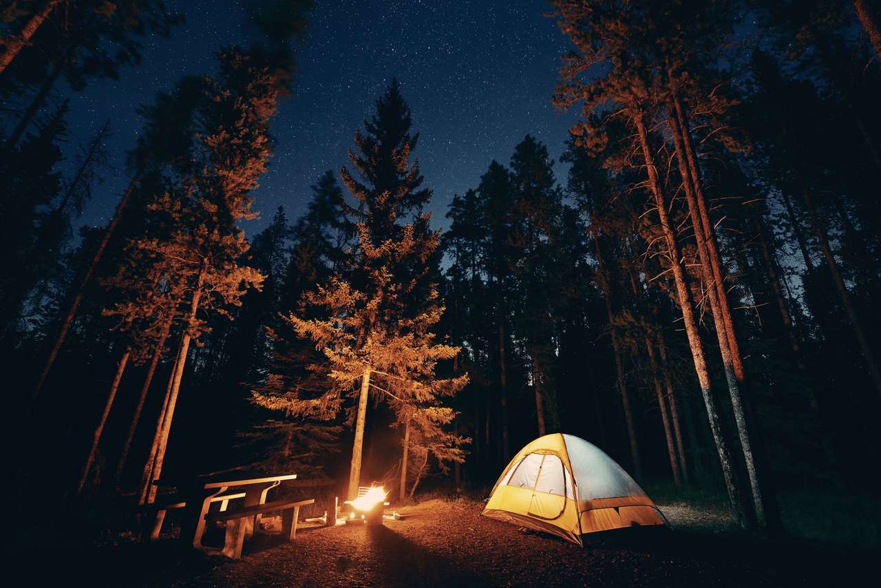 Camping under stjärnor med brasa och tält Pussel online