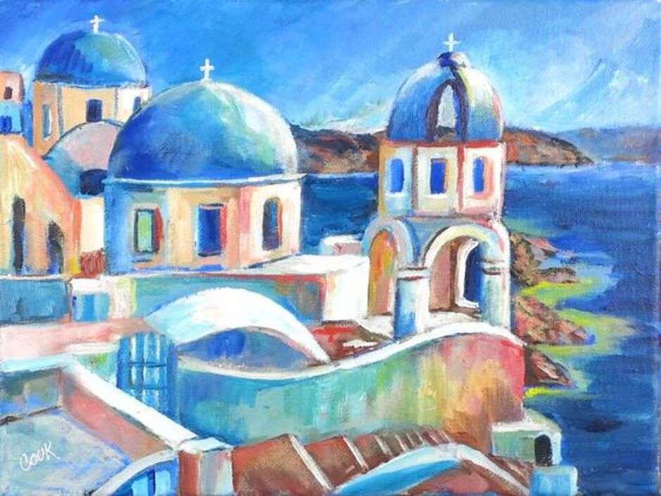 Paysage représentant une île grecque ( aquarelle ) puzzle en ligne