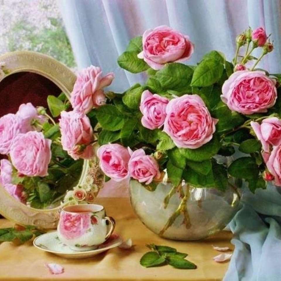 Roze rozen in een vaas online puzzel