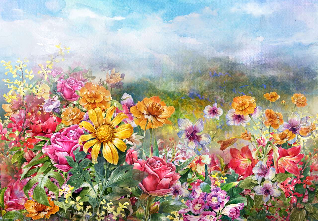 Landschaft aus bunten Blumen Online-Puzzle