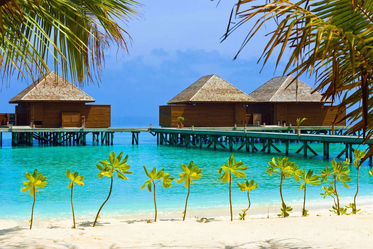 Bungalows de água em uma ilha tropical - Maldivas quebra-cabeças online