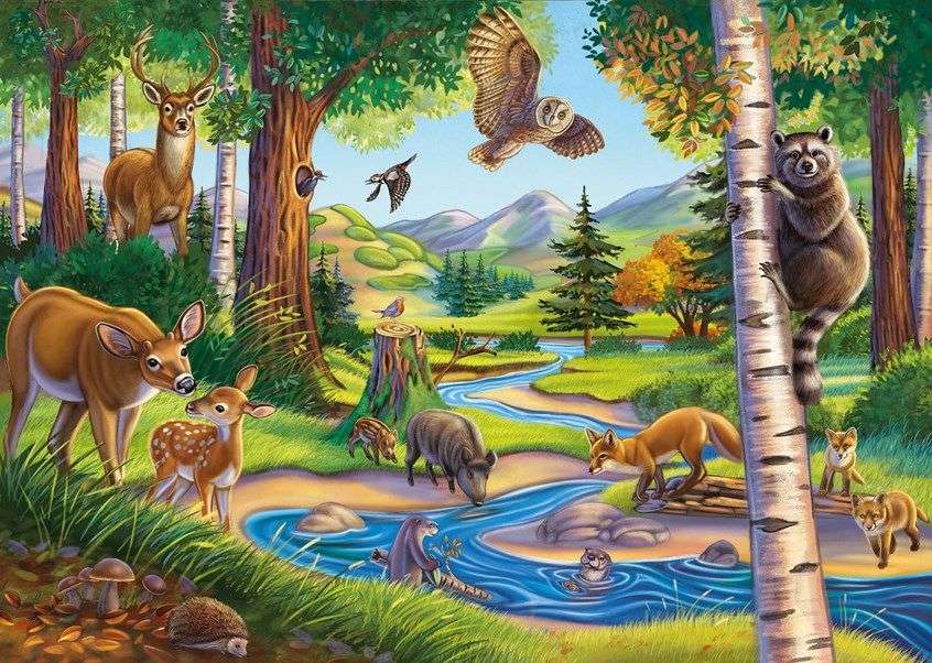 Животные в лесу у реки онлайн-пазл