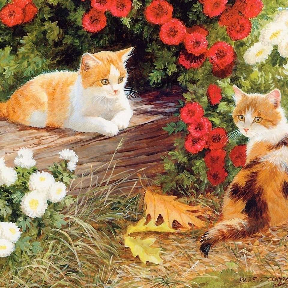 Коти серед квітів пазл онлайн