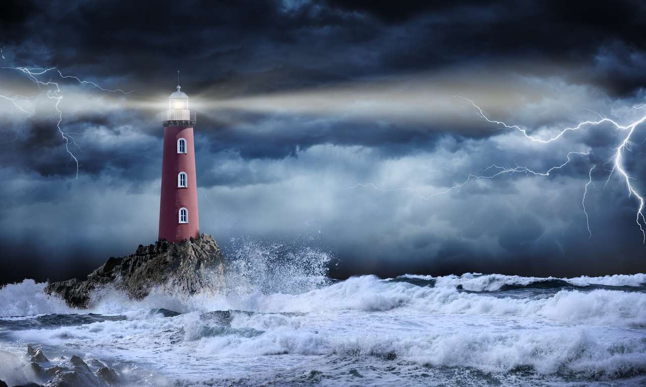 Leuchtturm in stürmischer Landschaft Puzzlespiel online