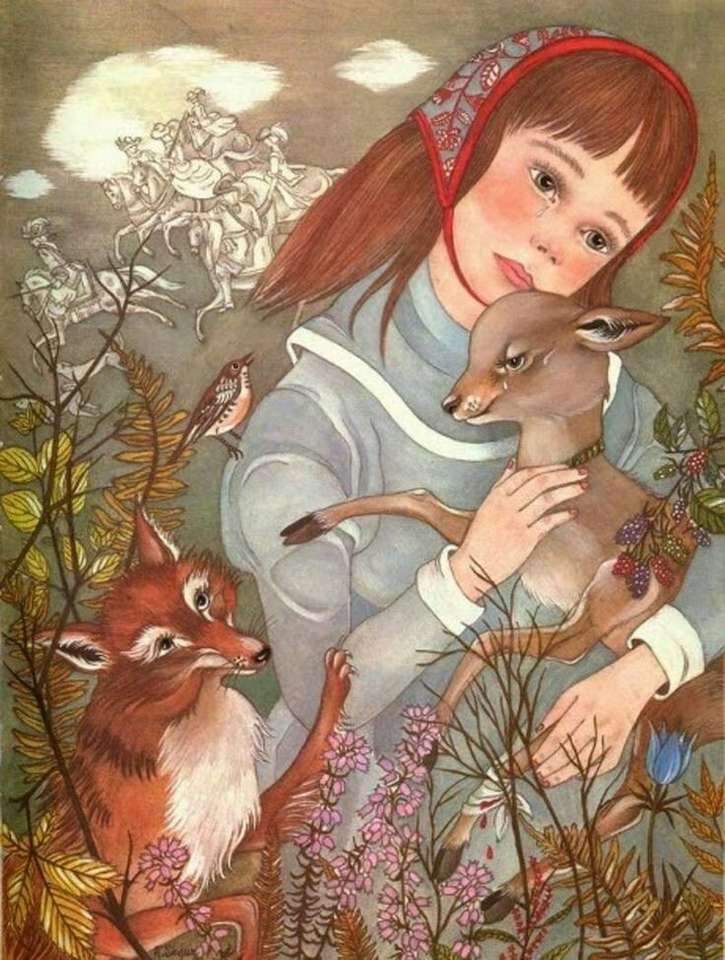 Tenderness between a girl, a fox and agne jigsaw puzzle online