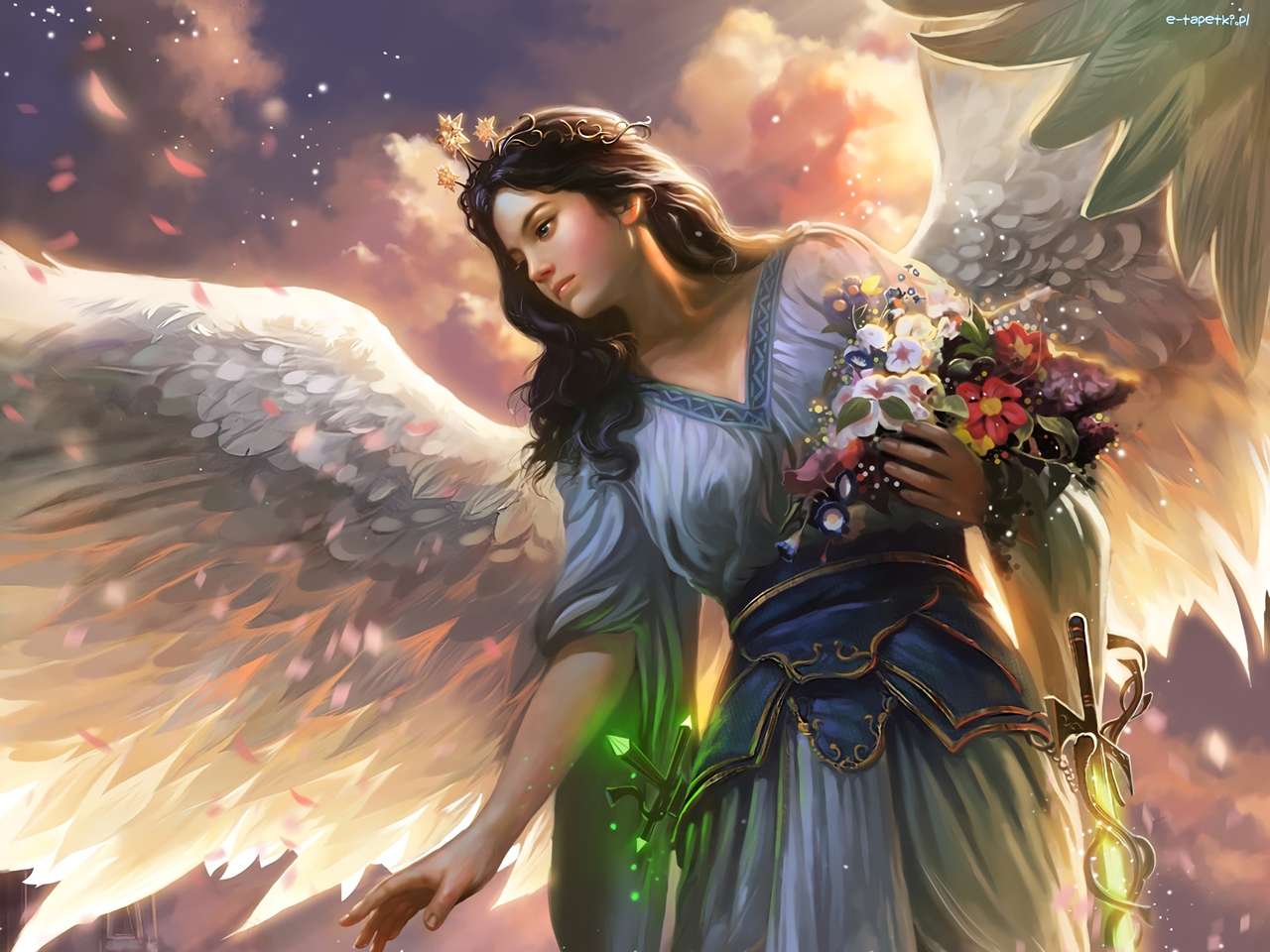 Grafisk - En kvinna ängel med blommor Pussel online