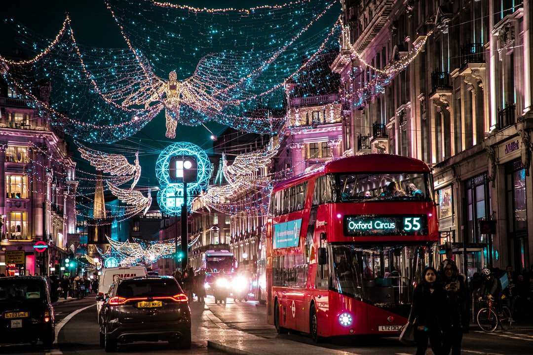 photo of bus passing on city with lights jigsaw puzzle online
