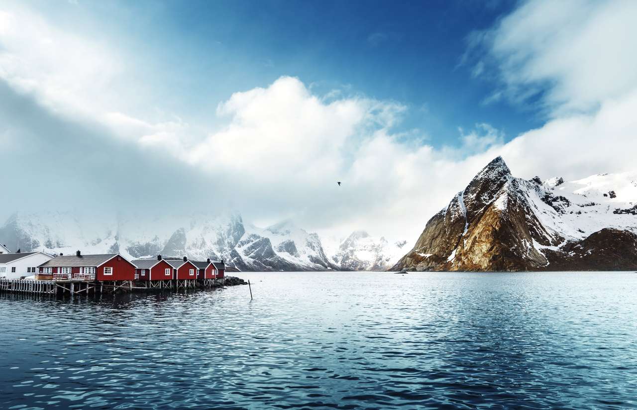 Jarní západ slunce - Reine, Lofoten ostrovy, Norsko skládačky online