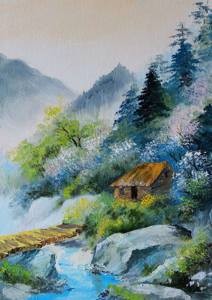 Пейзаж в планините маслени живопис онлайн пъзел