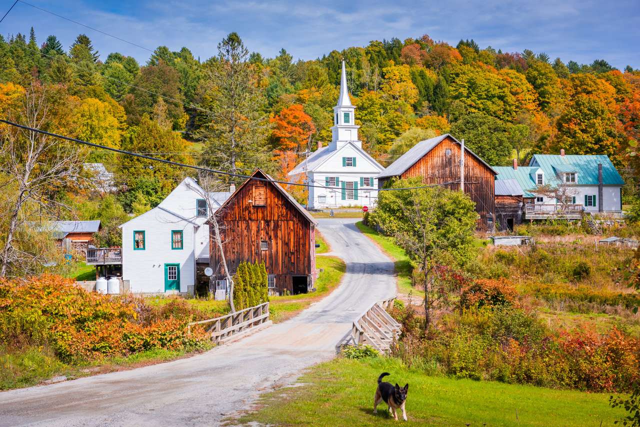 Части на речното селище, Върмонт, САЩ с есенна листа. онлайн пъзел