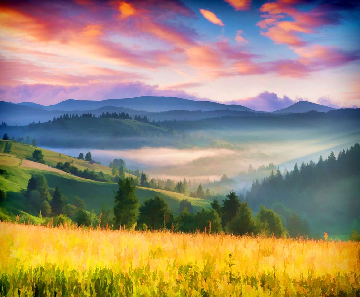 Amanecer de verano colorido en las montañas rompecabezas en línea