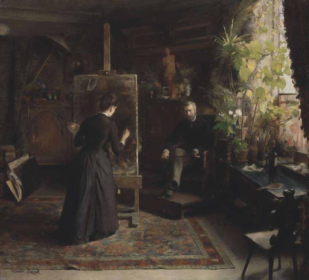 Mujer en vestido negro de pie en casa de madera marrón rompecabezas en línea