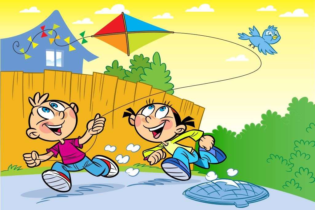 Zufriedene Kinder mit einem Kite Online-Puzzle