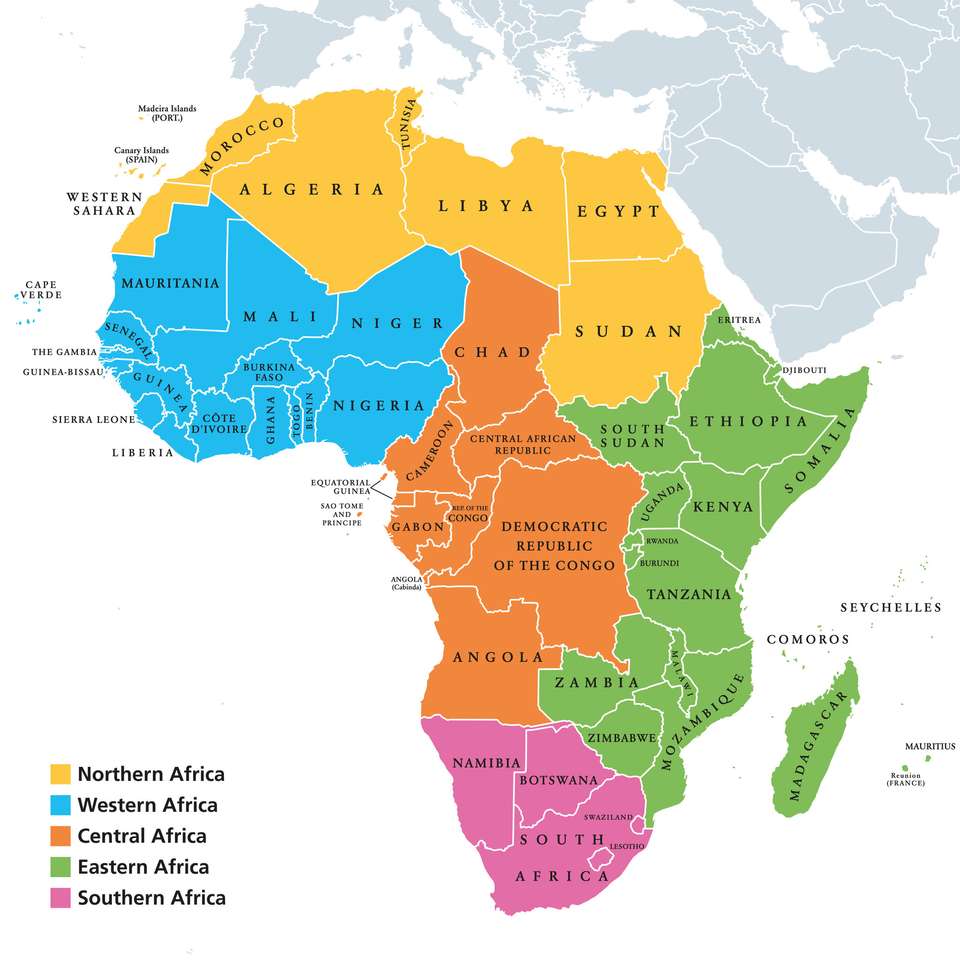 Foto de archivo - África Regiones Mapa político con países solteros, Naciones Unidas Geoscheme. África del norte, occidental, central, oriental y meridional en diferentes colores. Vector del ejemplo del etiquetado inglés. rompecabezas en línea