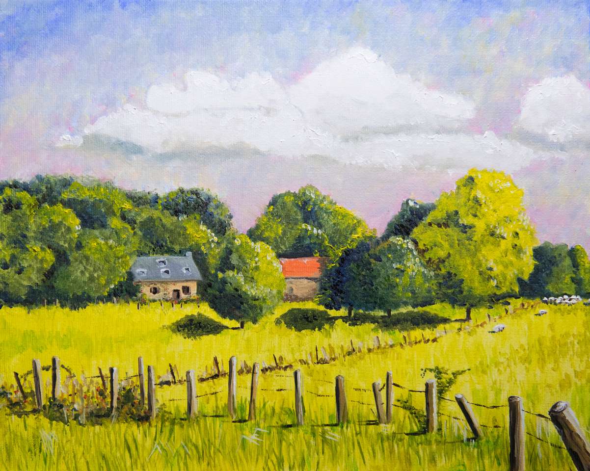 家と牧草地の油絵とフランスの風景 ジグソーパズルオンライン